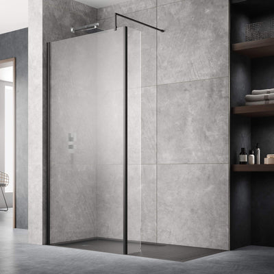 Matt Black Walk In Shower Screen Enclosure & Tray Bundle Packs - image shows a matt black shower screen with a hinged return panel and a slate effect walk in shower tray in a modern grey bathroom
