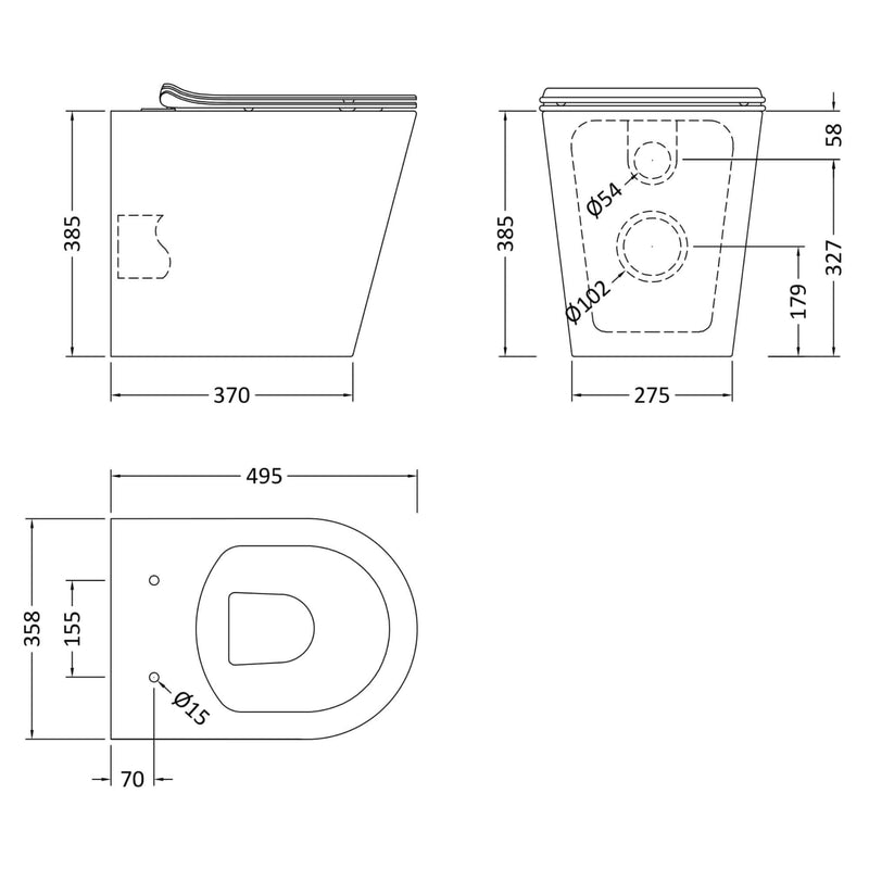 Eden Compact White WC Unit + Lana Round Rimless Back To Wall Toilet Bundle With Square Brushed Brass Flush Button