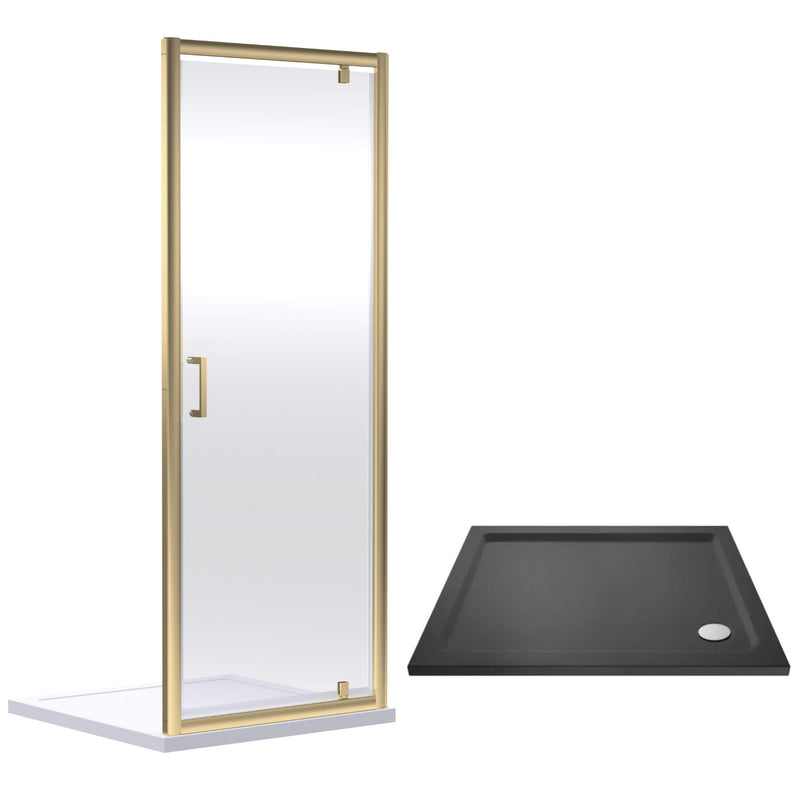 Porto Brushed Brass 6mm Pivot Shower Door With Slate Effect Stone Resin Tray & Waste