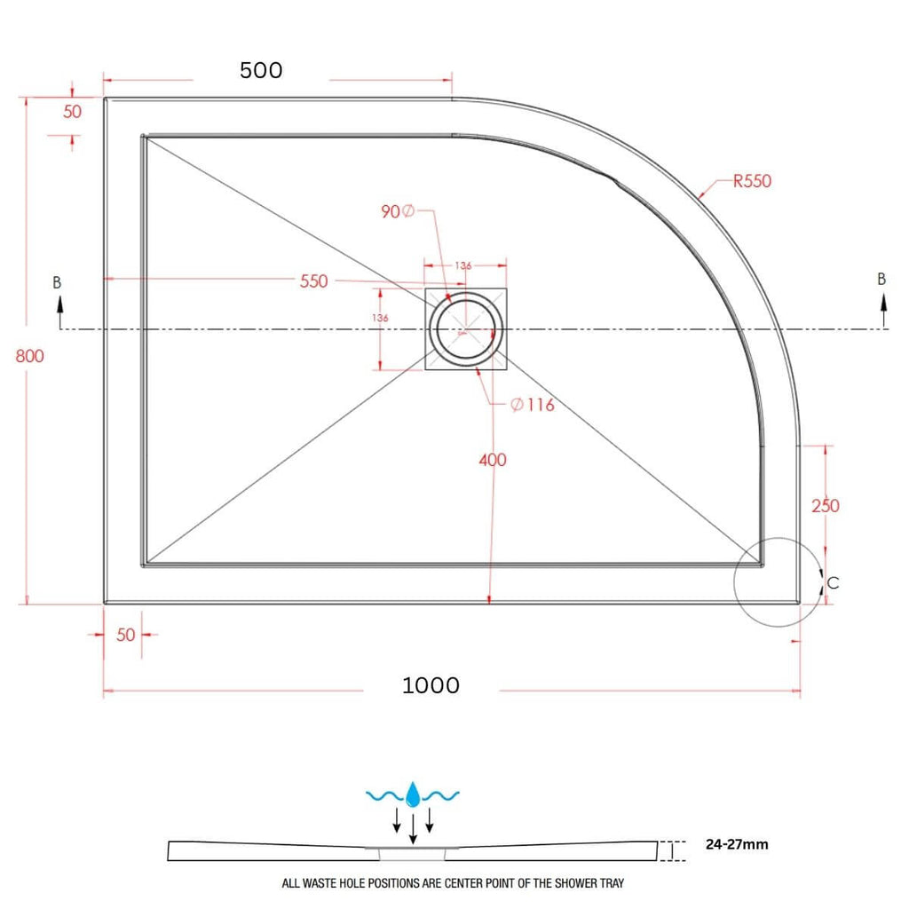 1000 x 800mm Left Hand SlimStone Offset Quadrant Shower Tray Dimensions