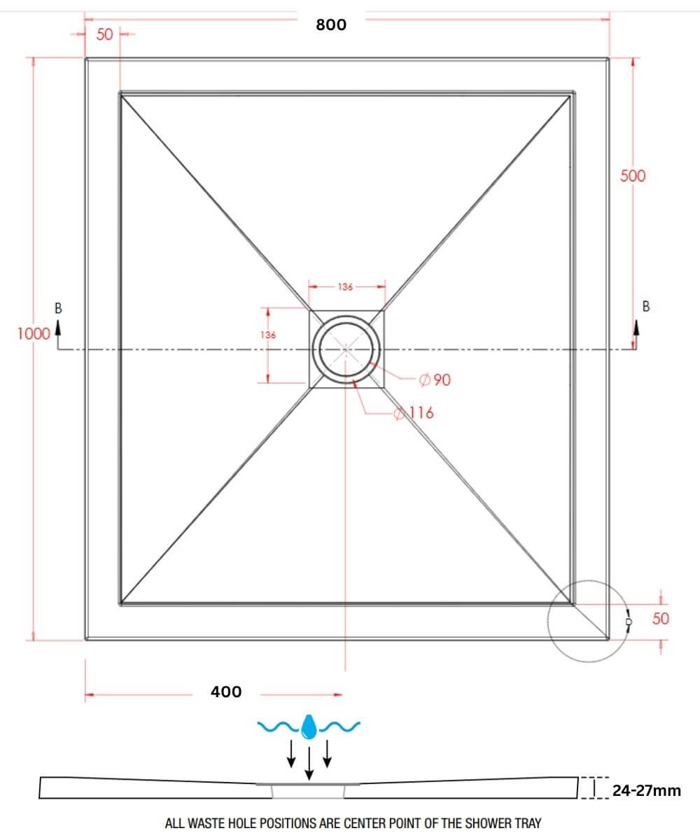 1000 x 800mm SlimStone Rectangular Shower Tray Dimensions