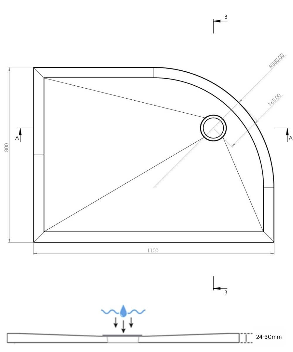 1100 x 800mm Left Hand SlimStone Elements Offset Quadrant Shower Tray Dimensions