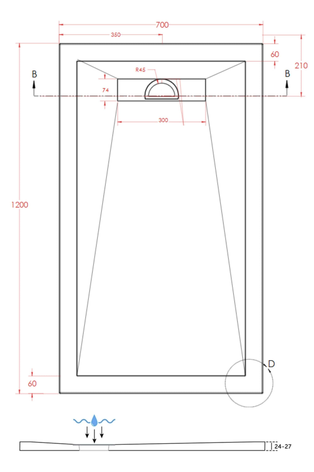 SlimStone Linear Rectangular Shower Tray Dimensions - 1200 x 700mm