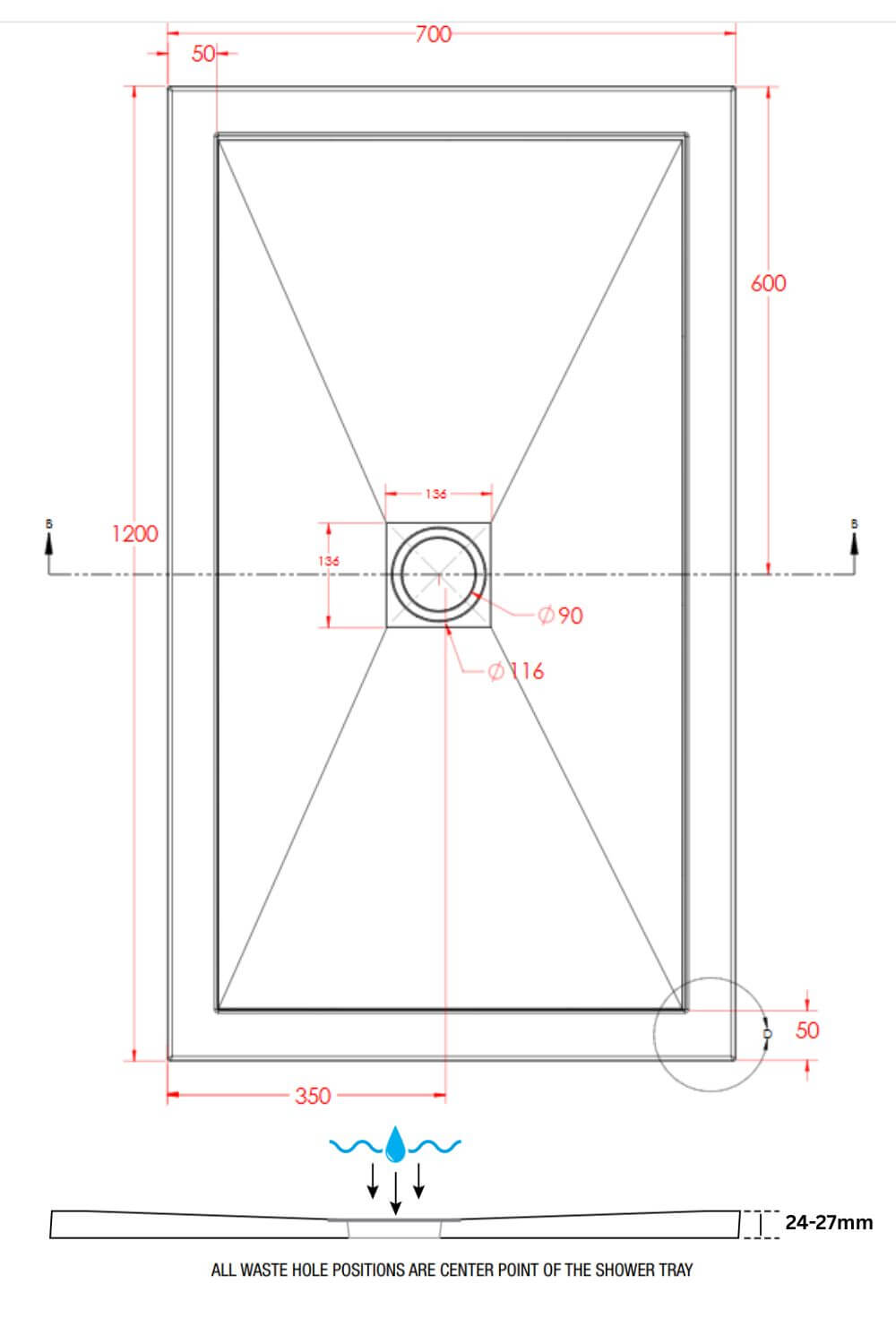 1200 x 700mm SlimStone Rectangular Shower Tray Dimensions