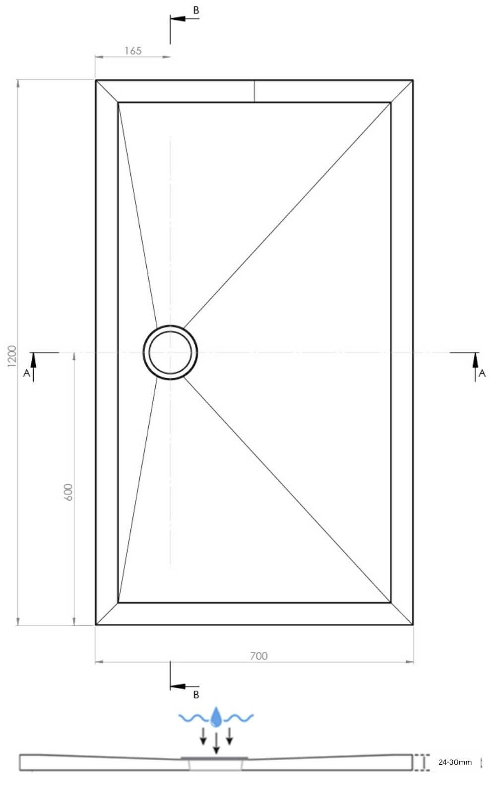 1200 x 700mm SlimStone Elements Rectangular Shower Tray Dimensions