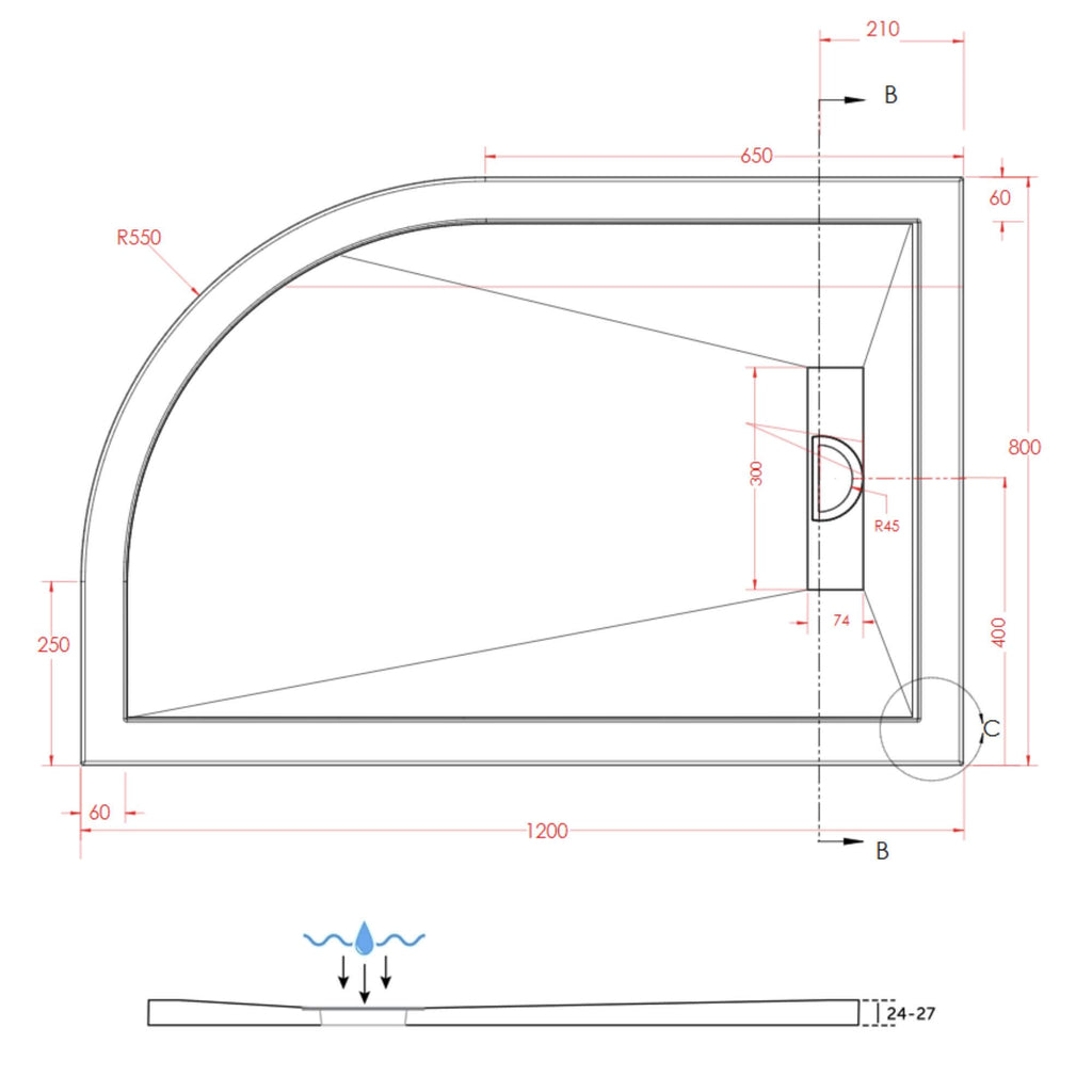 SlimStone Linear Offset Quadrant Shower Tray Dimensions - 1200 x 800mm Right Hand
