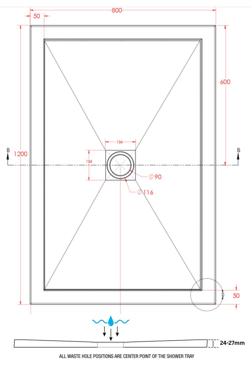 1200 x 800mm SlimStone Rectangular Shower Tray Dimensions