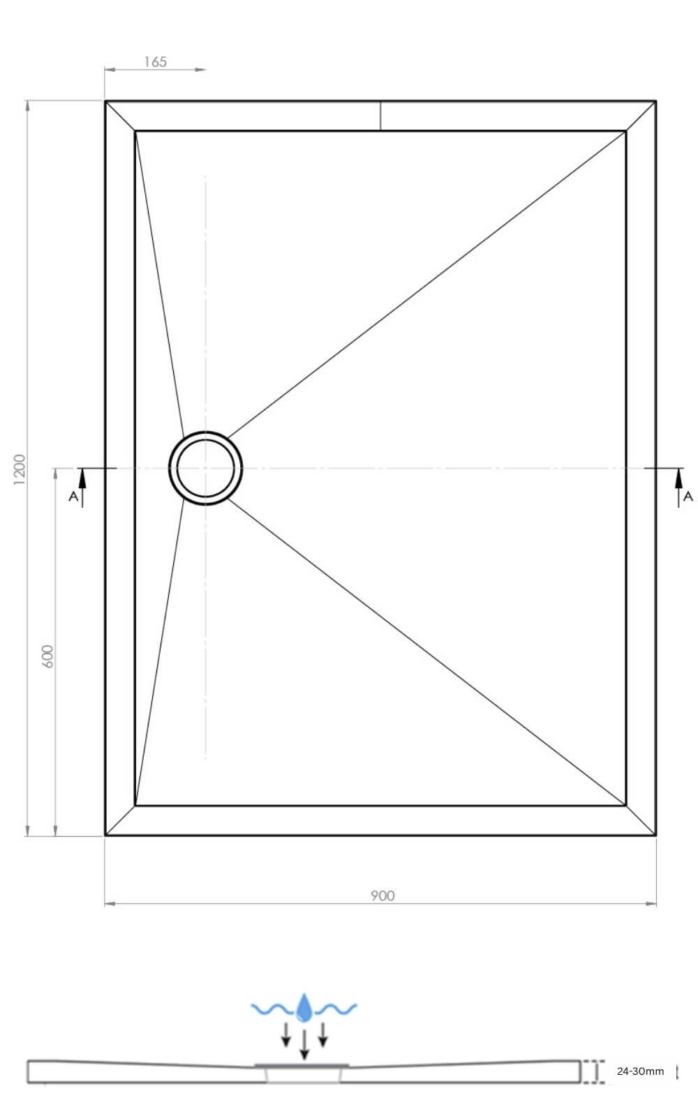 1200 x 900mm SlimStone Elements Rectangular Shower Tray Dimensions