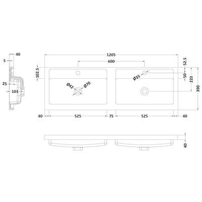 Lana 1200 x 383mm Wall Hung Vanity Unit With 2 Drawers & Twin Basin