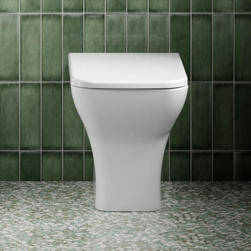 Eden Compact White WC Unit + Como Rimless Back To Wall Toilet Bundle With Square Chrome Flush Button