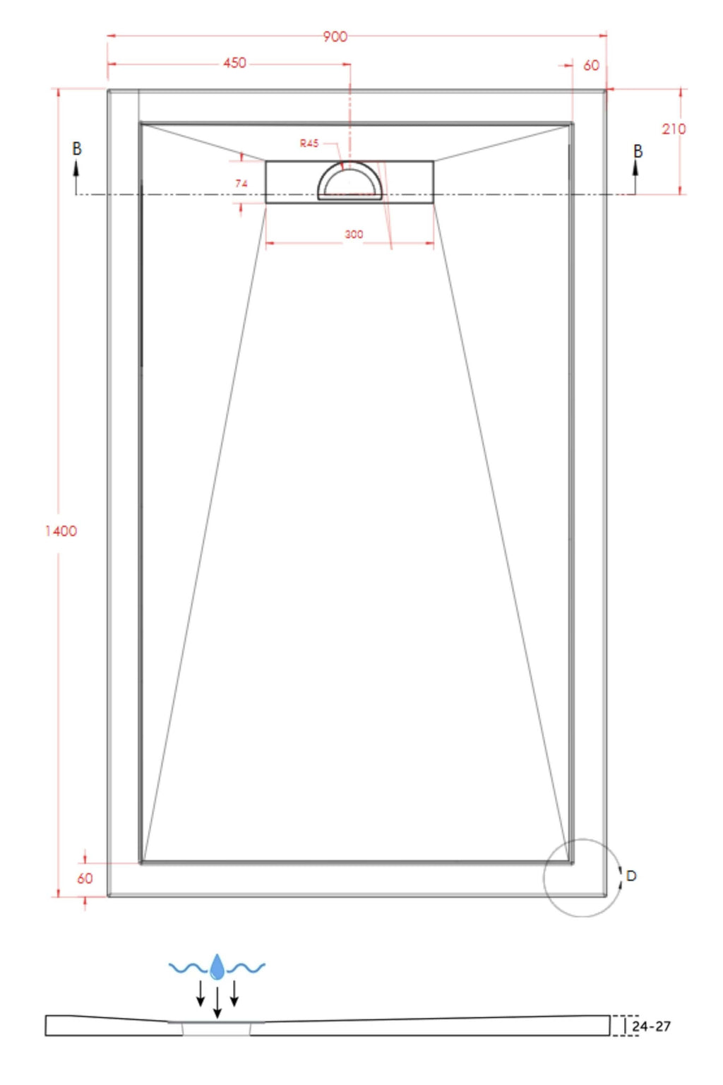 SlimStone Linear Rectangular Shower Tray Dimensions - 1400 x 900mm