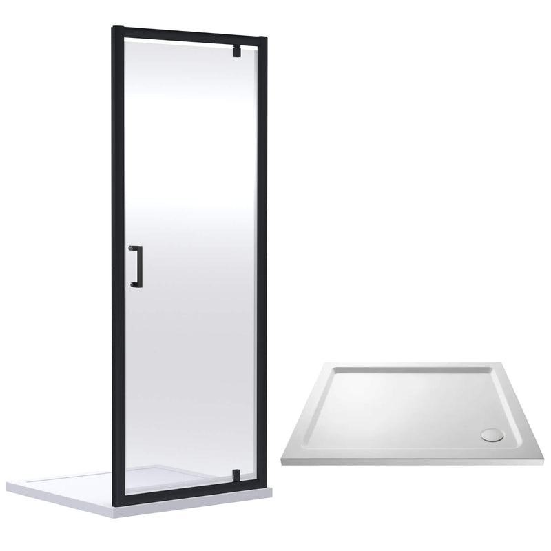 Porto Matt Black 6mm Pivot Shower Door With White Stone Resin Tray & Waste