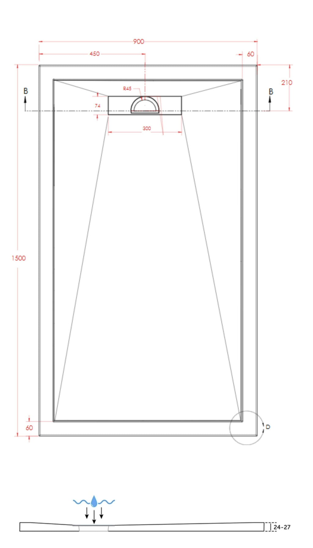 SlimStone Linear Rectangular Shower Tray Dimensions - 1500 x 900mm