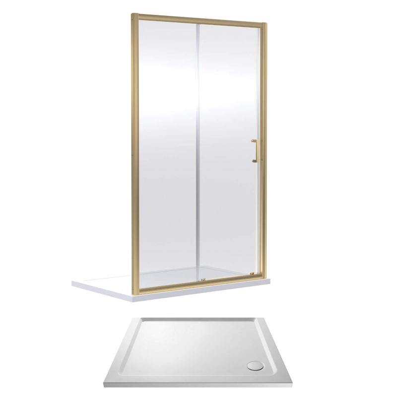 Porto Brushed Brass 6mm Sliding Shower Door With White Stone Resin Tray & Waste - 1000 x 700mm