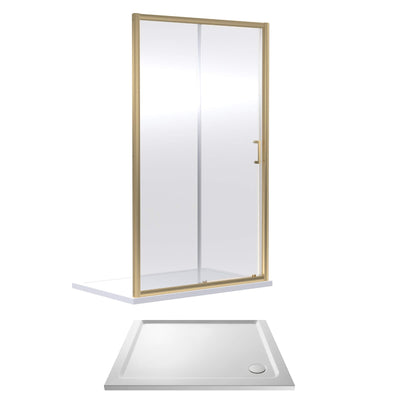 Porto Brushed Brass 6mm Sliding Shower Door With White Stone Resin Tray & Waste - 1000 x 800mm