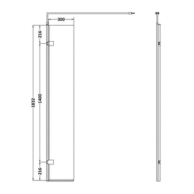 300mm Hinged Return For 8mm, 1850mm Wetroom Screen - Technical Diagram