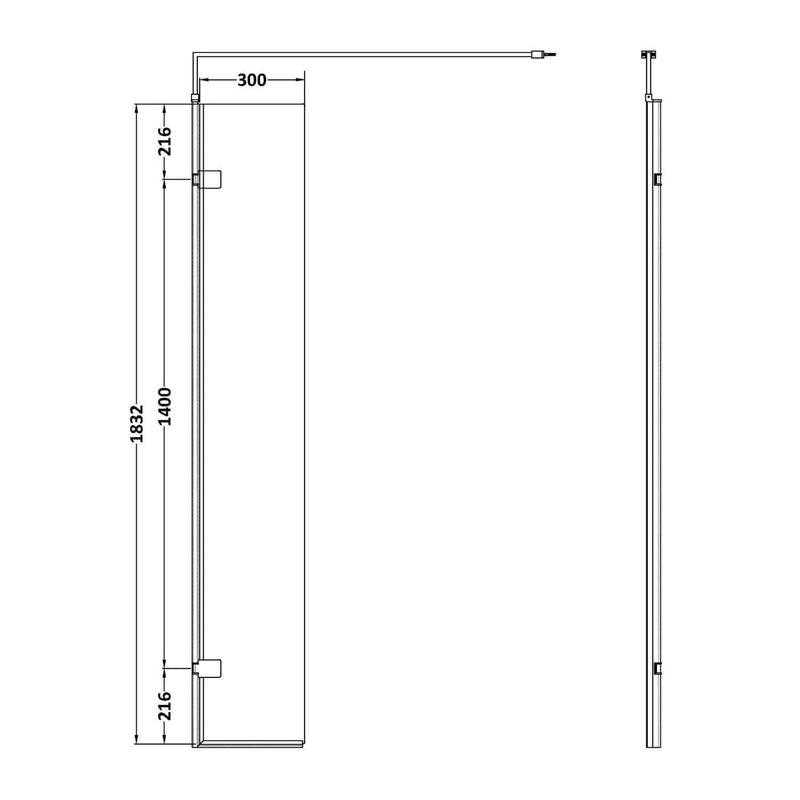 300mm Hinged Return For 8mm, 1850mm Wetroom Screen - Technical Diagram