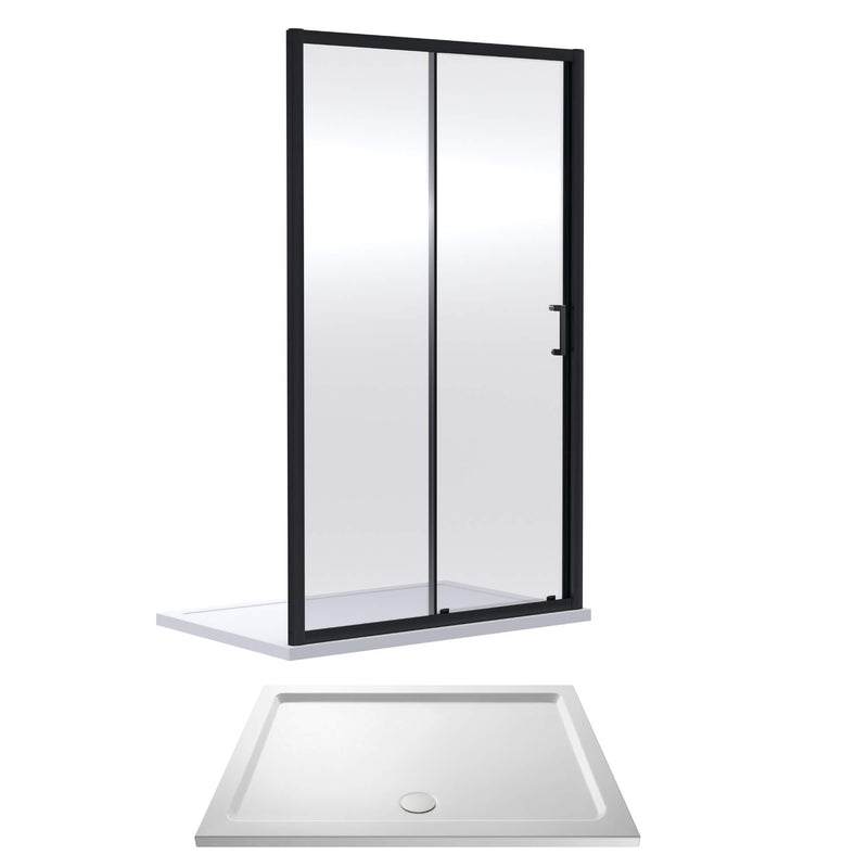 Porto Matt Black 6mm Sliding Shower Door With White Stone Resin Tray & Waste - 1700 x 760mm