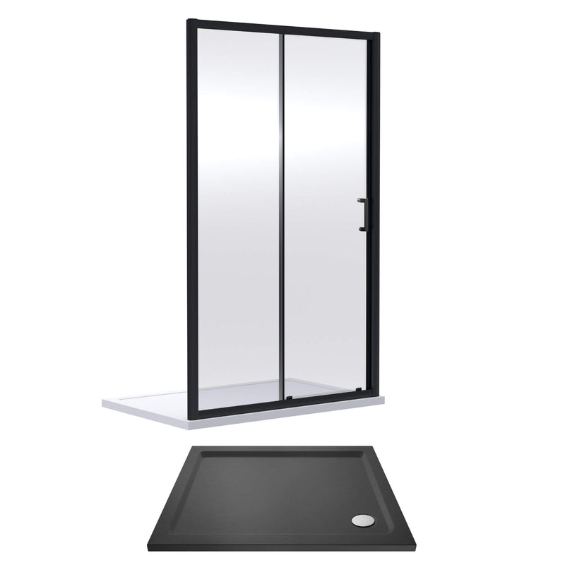 Porto Matt Black 6mm Sliding Shower Door With Slate Effect Stone Resin Tray & Waste - 1200 x 900mm