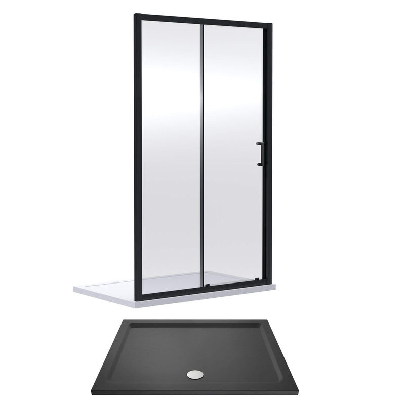 Porto Matt Black 6mm Sliding Shower Door With Slate Effect Stone Resin Tray & Waste - 1400 x 700mm