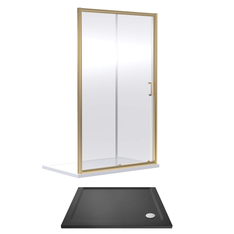 Porto Brushed Brass 6mm Sliding Shower Door With Slate Effect Stone Resin Tray & Waste - 1000 x 760mm