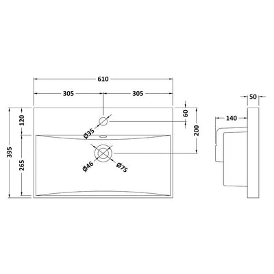 Nuie Deco 600 x 383mm Wall Hung Vanity Unit With 1 Drawer & Ceramic Basin