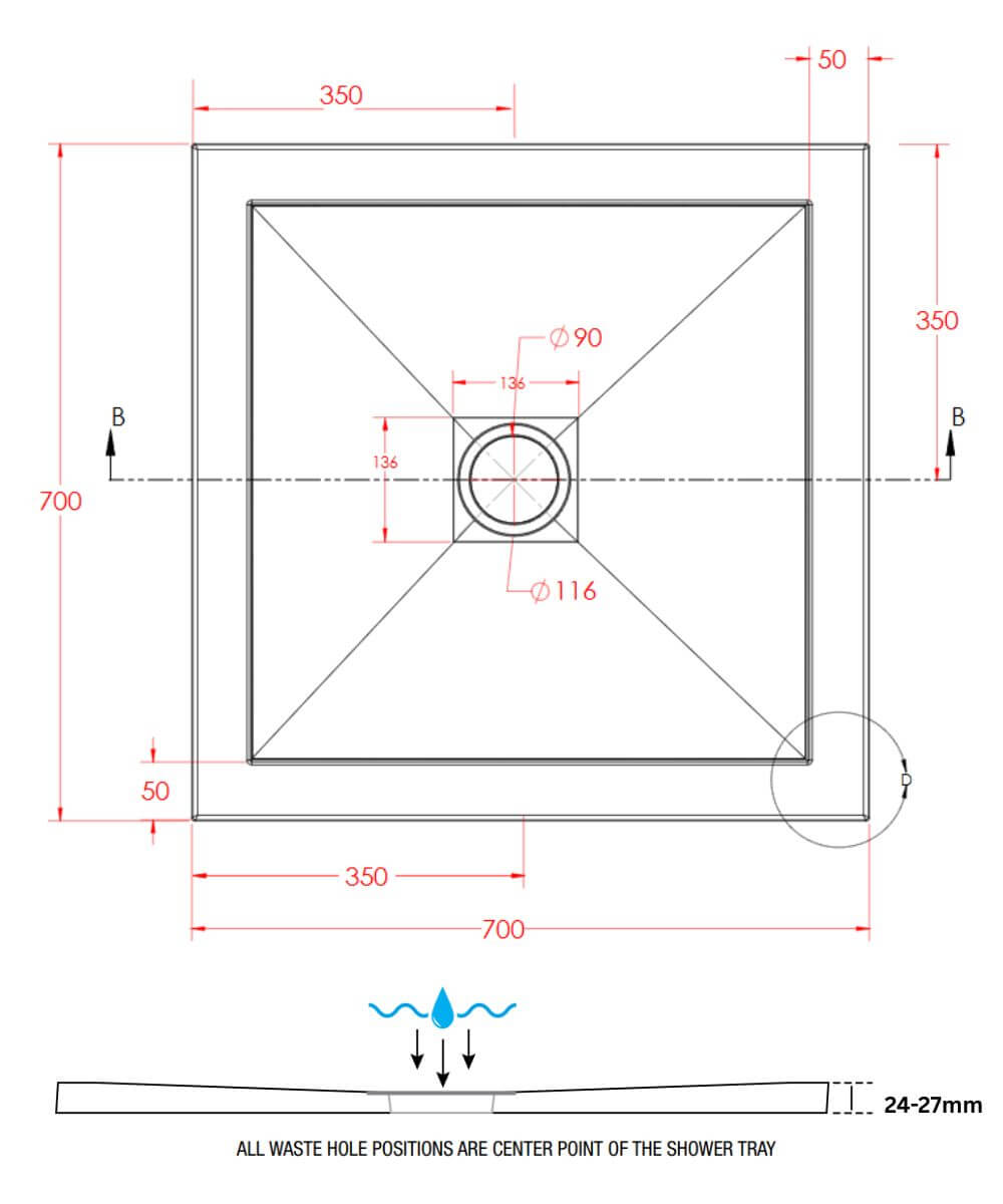 700 x 700mm SlimStone Square Shower Tray Dimensions