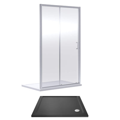 Porto Chrome 6mm Sliding Shower Door With Slate Effect Stone Resin Tray & Waste - 1200 x 800mm