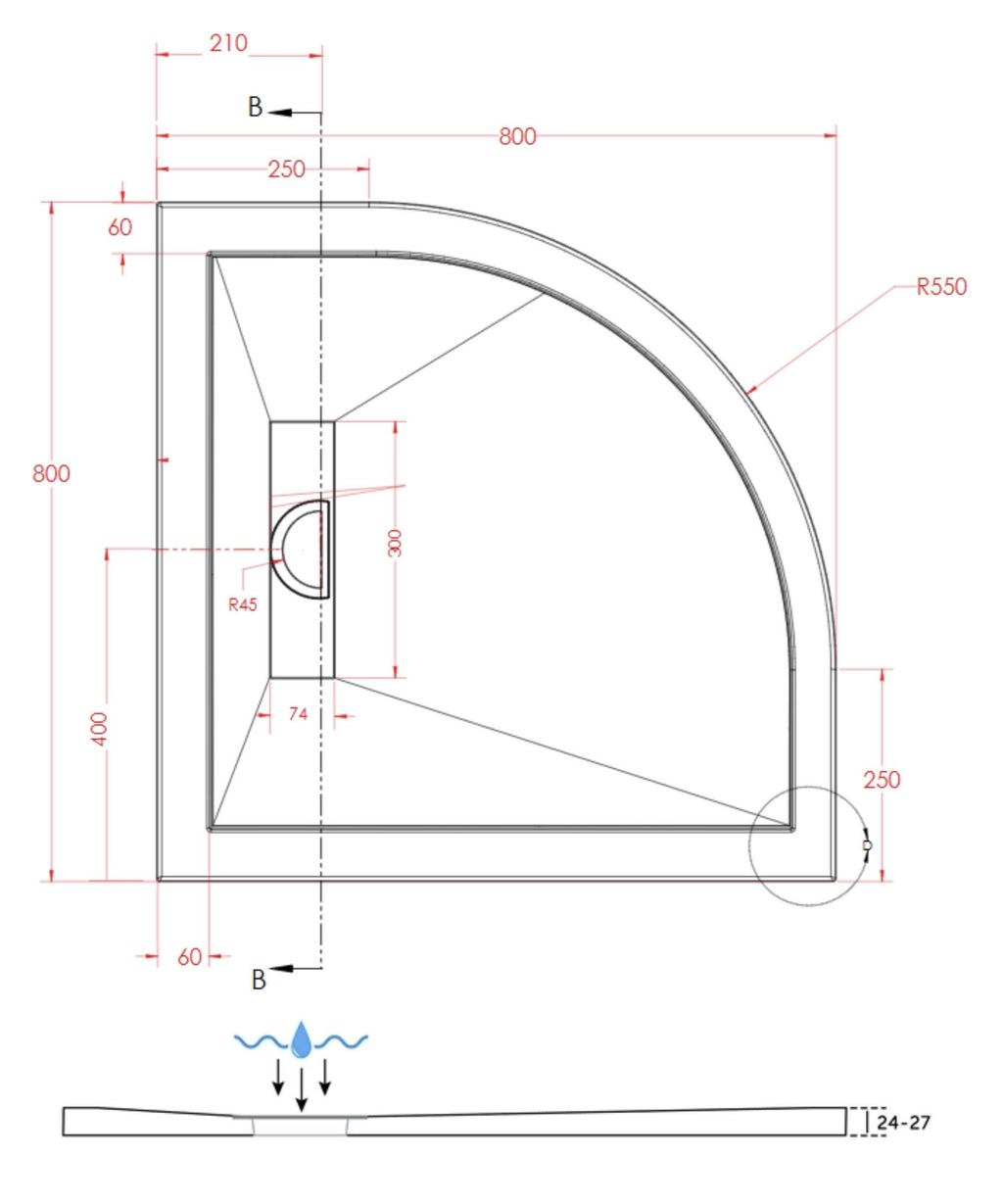 SlimStone Linear Quadrant Shower Tray Dimensions - 800 x 800mm