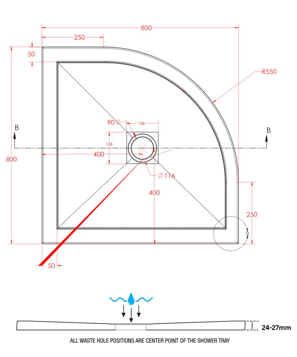 800 x 800mm SlimStone Quadrant Shower Tray Dimensions