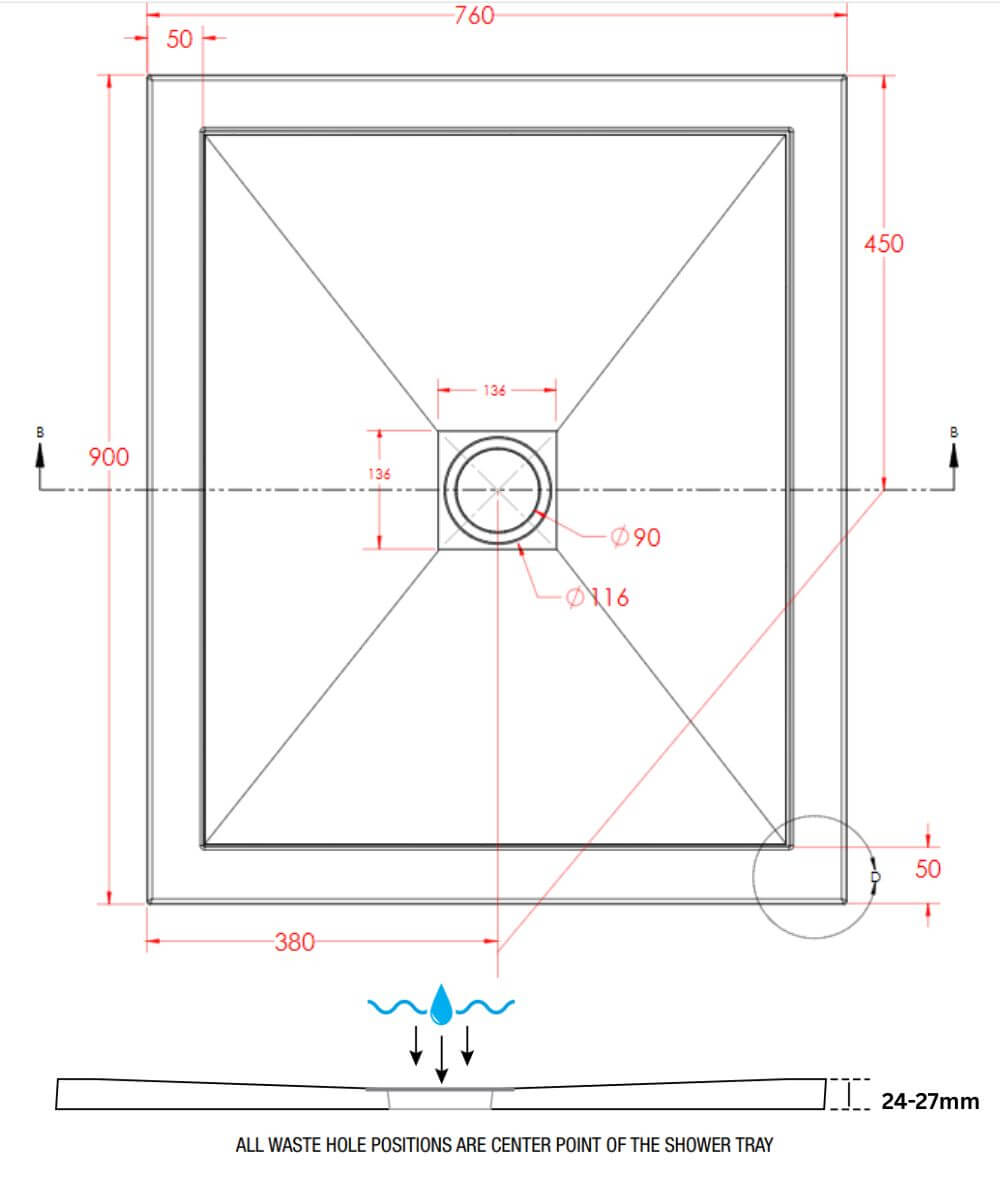900 x 760mm SlimStone Rectangular Shower Tray Dimensions
