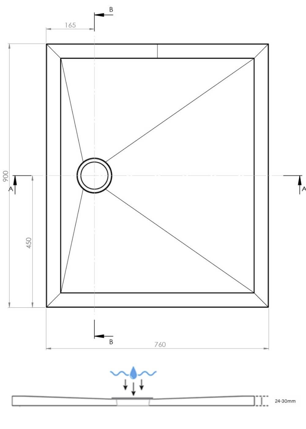900 x 760mm SlimStone Elements Rectangular Shower Tray Dimensions