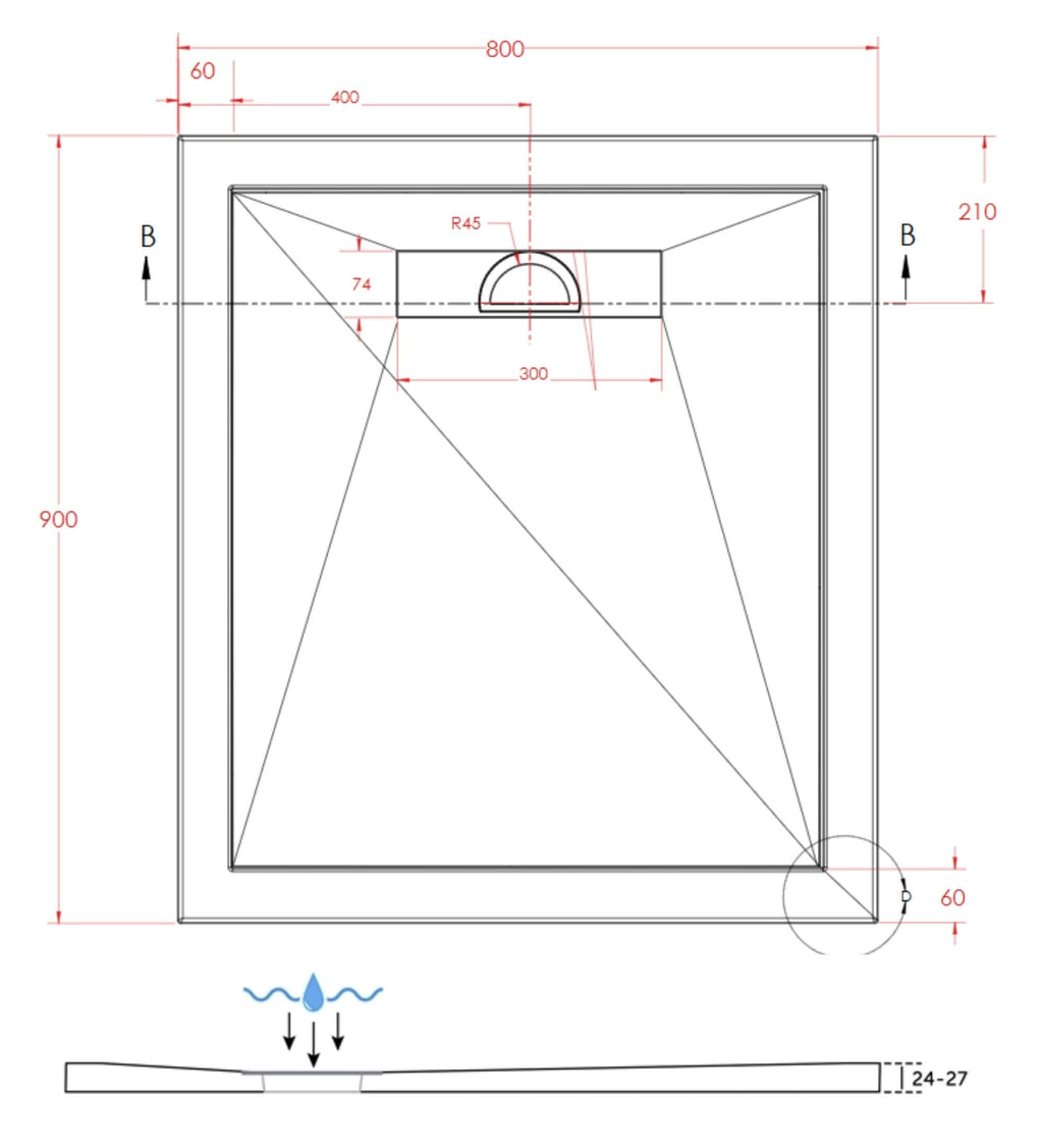 SlimStone Linear Rectangular Shower Tray Dimensions - 900 x 800mm