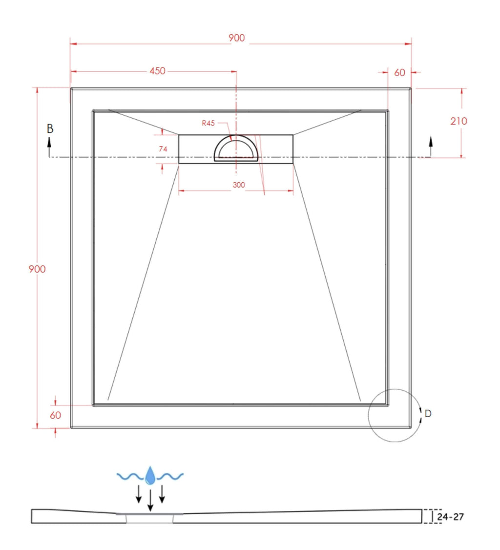 SlimStone Linear Square Shower Tray Dimensions - 900 x 900mm