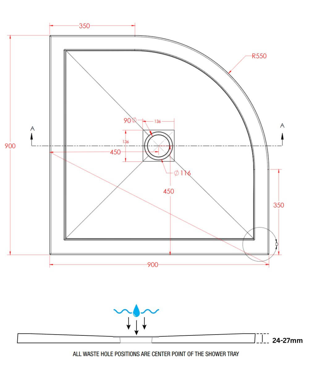 900 x 900mm SlimStone Quadrant Shower Tray Dimensions