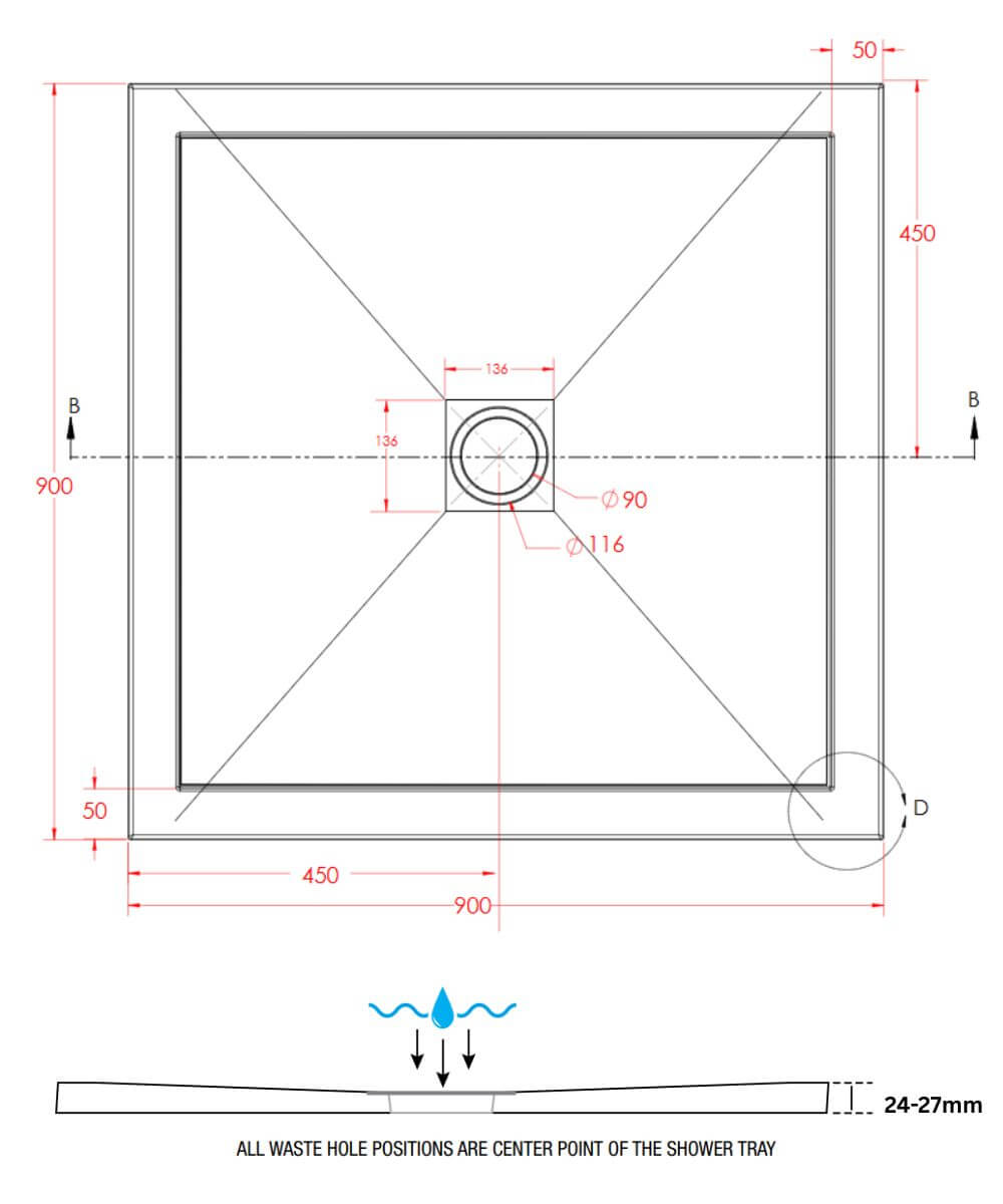 900 x 900mm SlimStone Square Shower Tray Dimensions