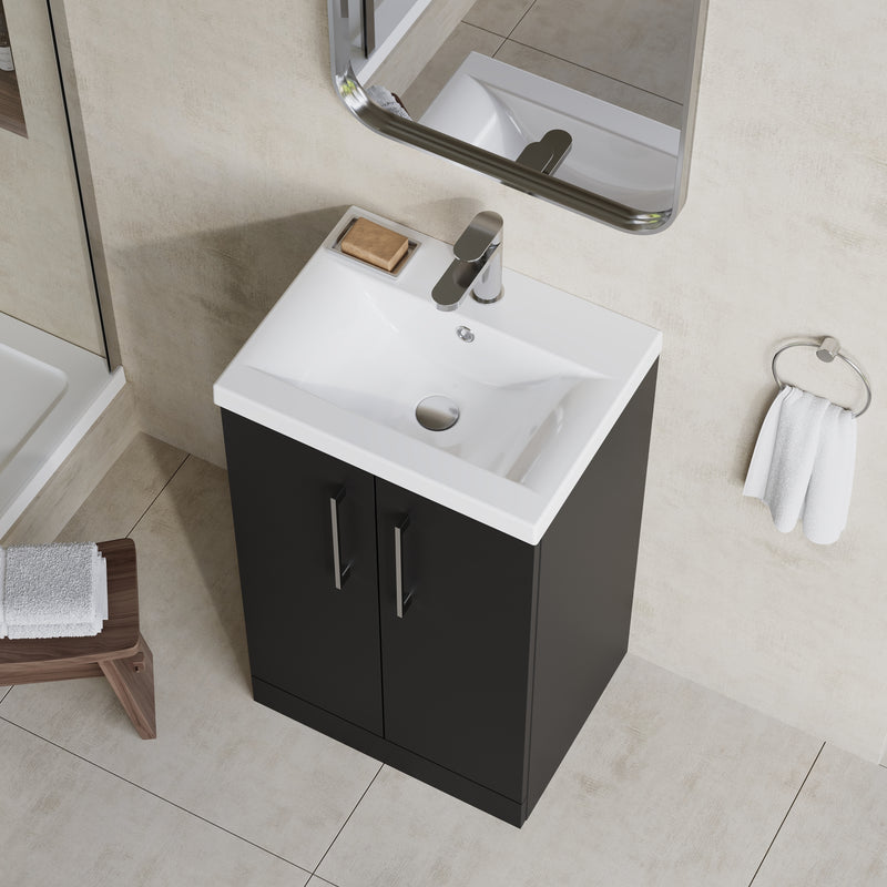 Lana 500mm Floorstanding 2 Door Vanity Unit & Basin - Satin Soft Black