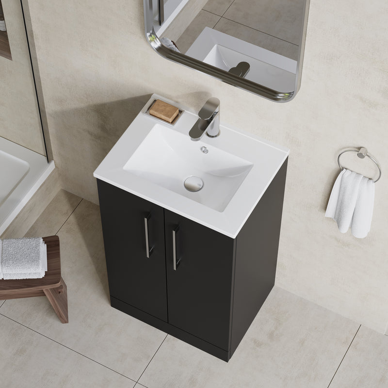 Lana 500mm Floorstanding 2 Door Vanity Unit & Basin - Satin Soft Black
