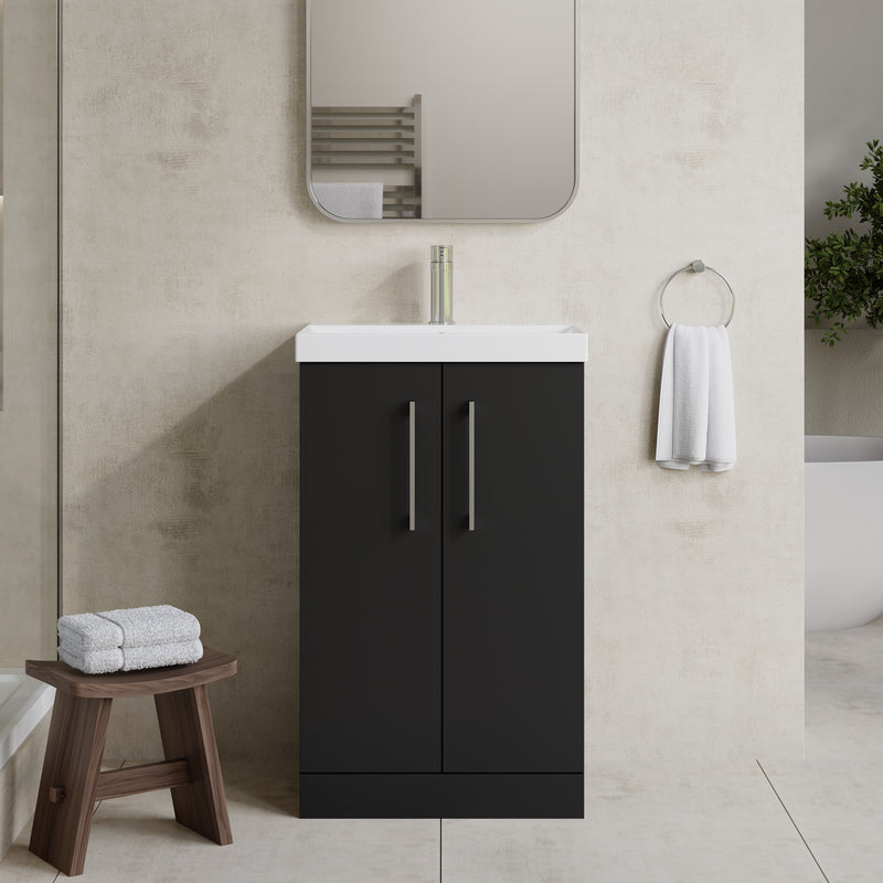 Lana 500mm Floorstanding 2 Door Vanity Unit & Basin - Satin Soft Black