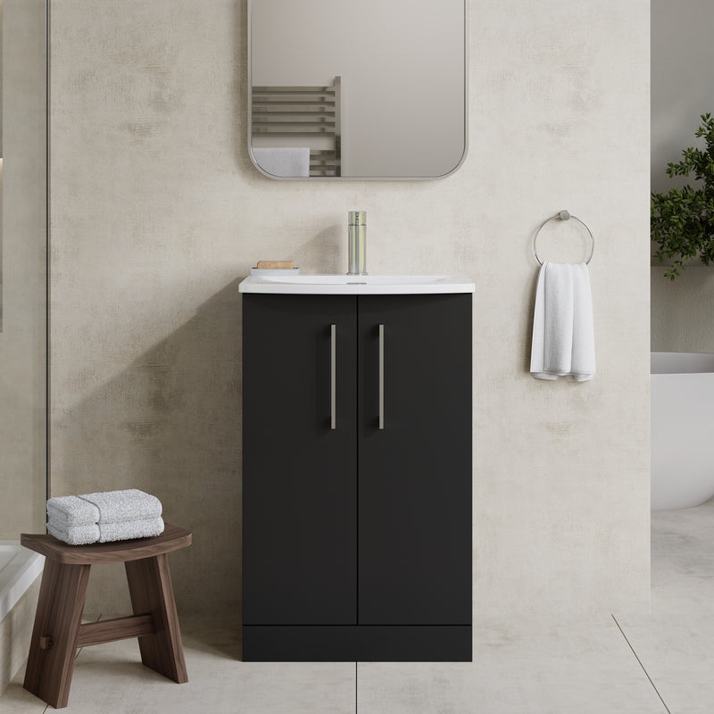 Lana 500mm Floorstanding 2 Door Vanity Unit & Basin - Satin Soft Black
