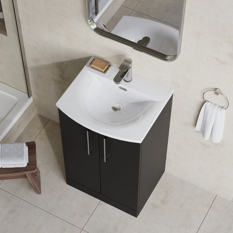 Lana 500mm Floorstanding 2 Door Vanity Unit & Basin - Satin Soft Black
