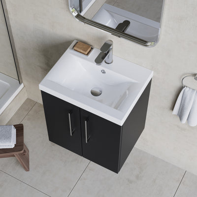 Lana 500mm Wall Hung 2 Door Vanity Unit & Basin - Satin Soft Black