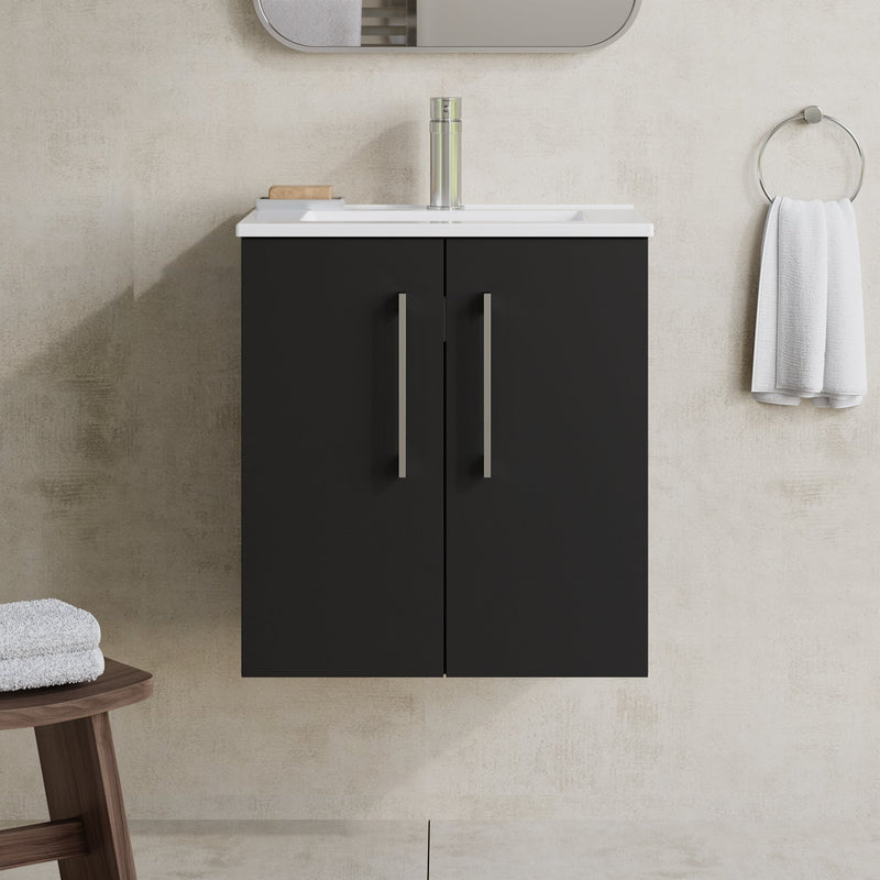 Lana 500mm Wall Hung 2 Door Vanity Unit & Basin - Satin Soft Black
