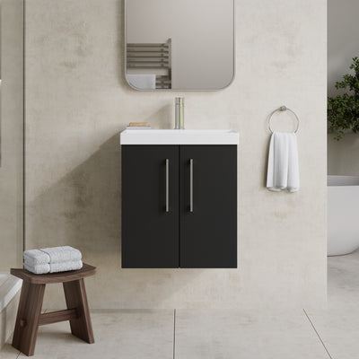 Lana 500mm Wall Hung 2 Door Vanity Unit & Basin - Satin Soft Black