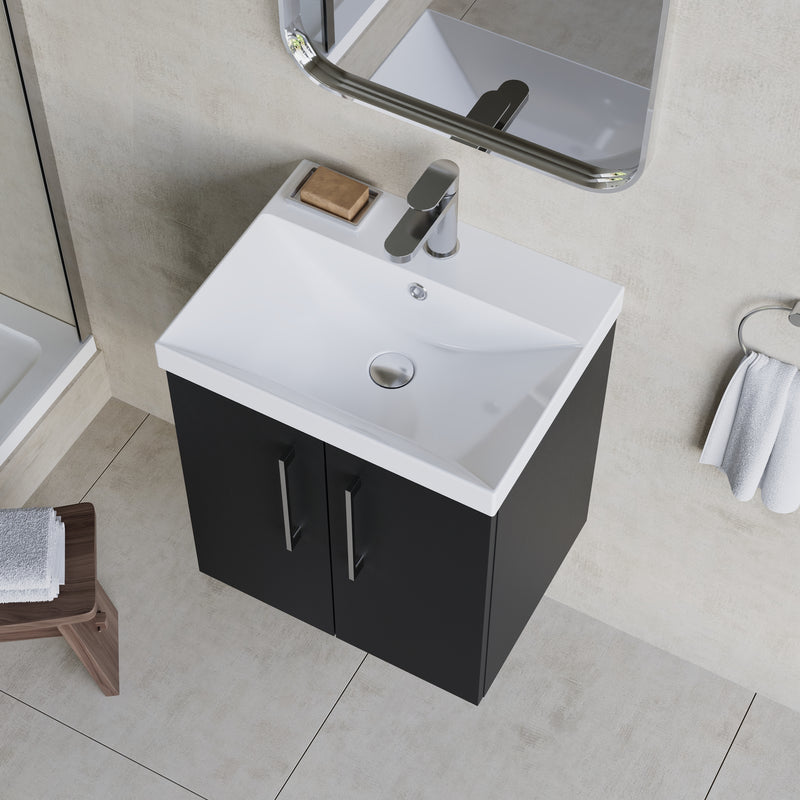 Lana 500mm Wall Hung 2 Door Vanity Unit & Basin - Satin Soft Black