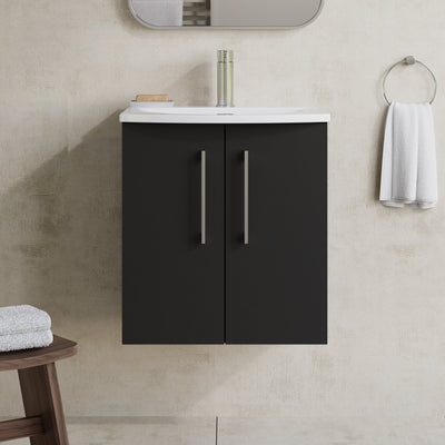 Lana 500mm Wall Hung 2 Door Vanity Unit & Basin - Satin Soft Black