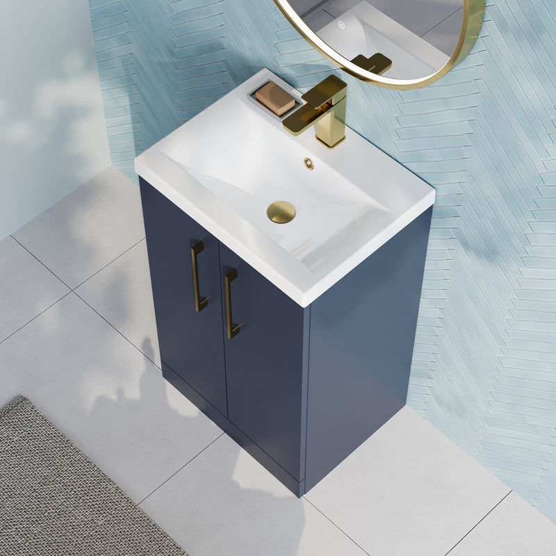 Lana 500mm Floorstanding 2 Door Vanity Unit & Basin - Satin Midnight Blue