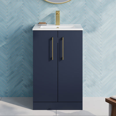 Lana 500mm Floorstanding 2 Door Vanity Unit & Basin - Satin Midnight Blue