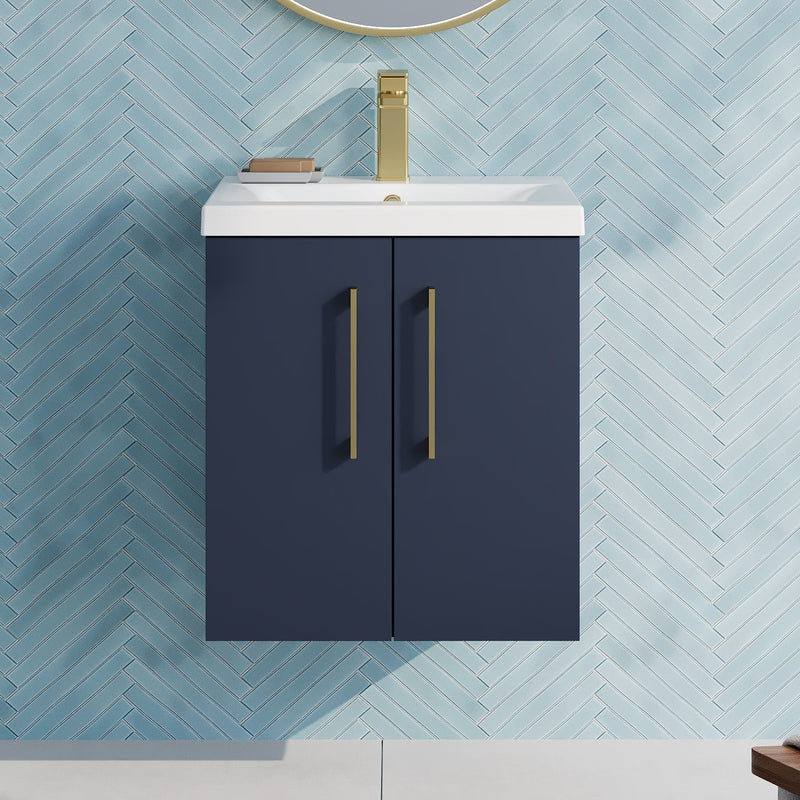 Lana 500mm Wall Hung 2 Door Vanity Unit & Basin - Satin Midnight Blue