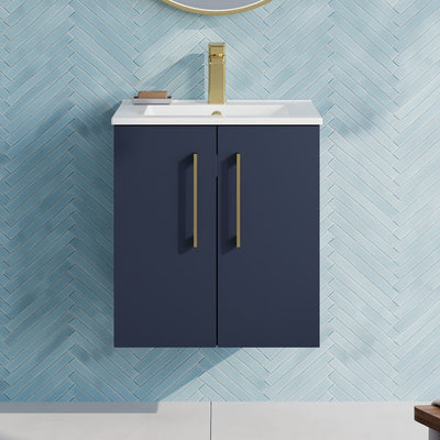 Lana 500mm Wall Hung 2 Door Vanity Unit & Basin - Satin Midnight Blue